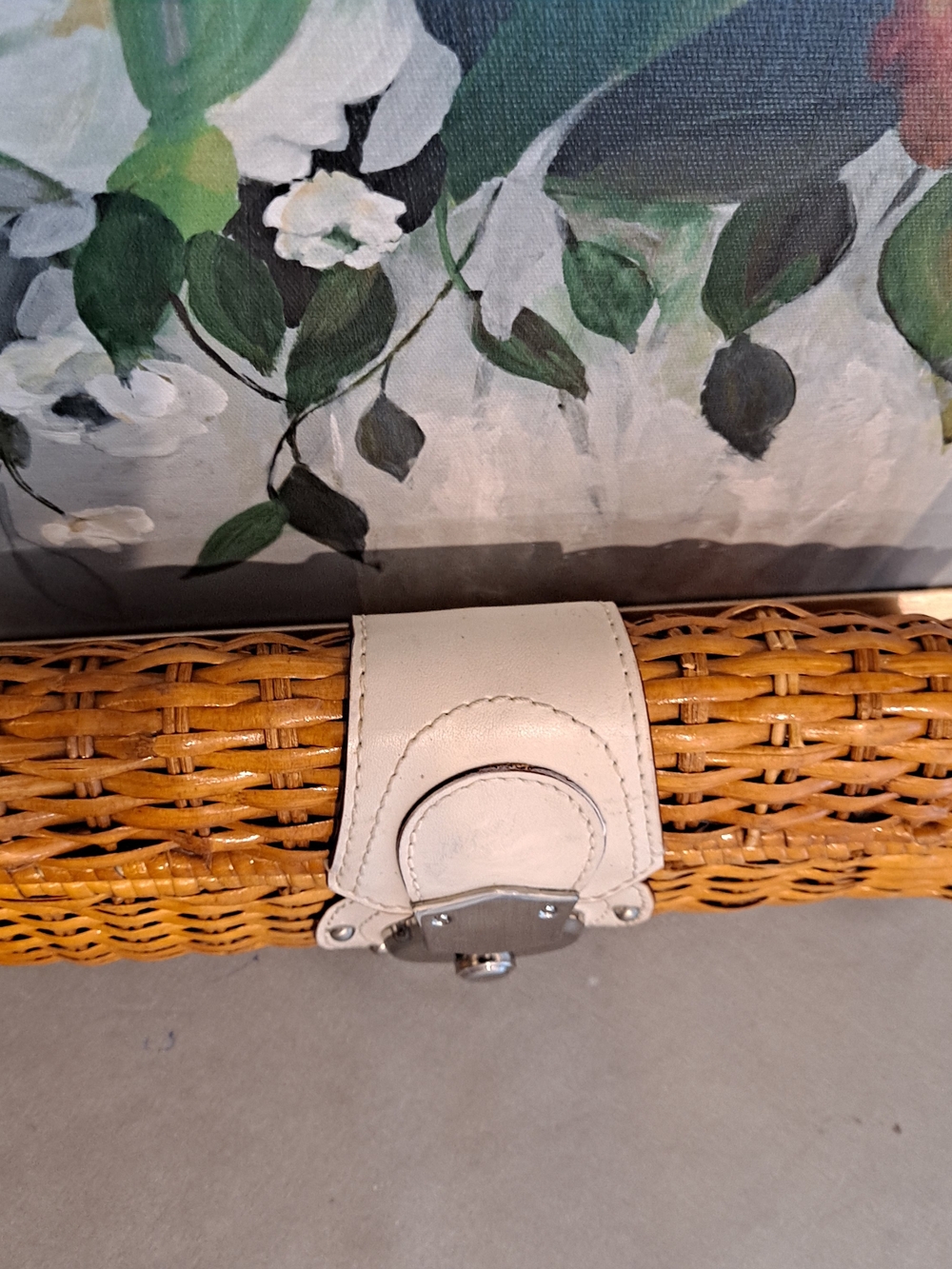 The Limited Woven Barrel Wicker Rattan Clutch White Trim and Silver Hardware - Picture 5 of 11